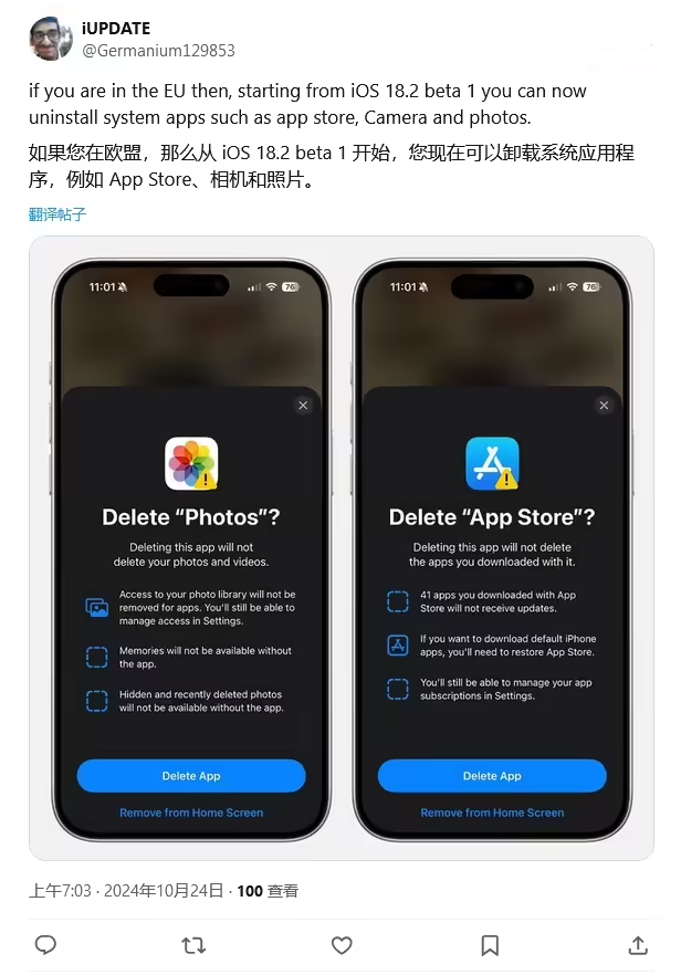 侯马苹果手机维修分享iOS 18.2 支持删除 App Store 应用商店 