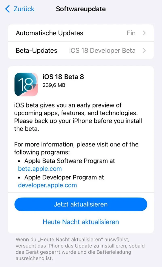 侯马苹果手机维修分享苹果 iOS / iPadOS 18 开发者预览版 Beta 8 发布 